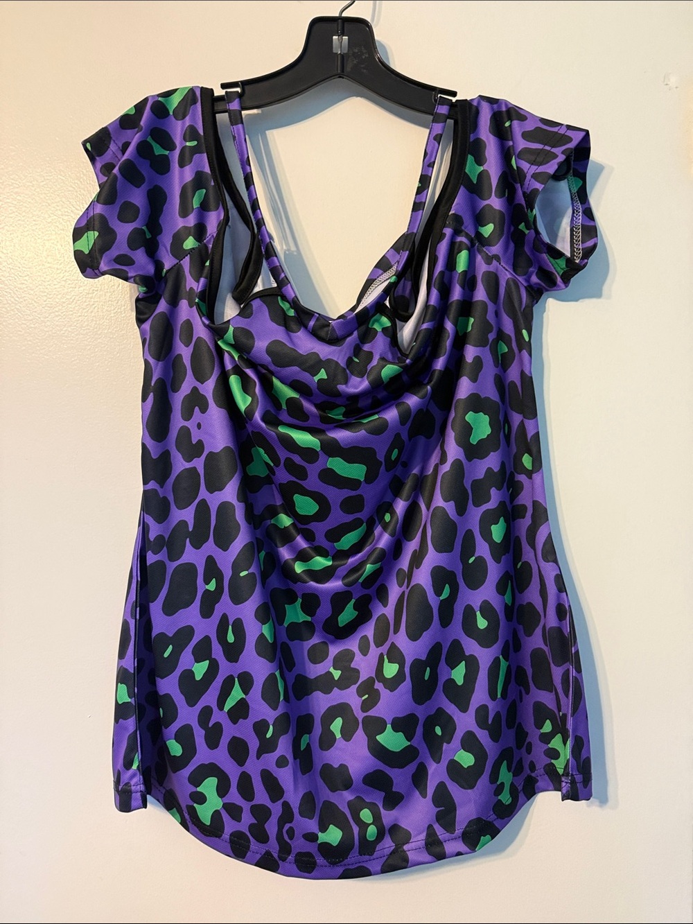 Purple and Green Leopard Print Cowl Neck Women's Top